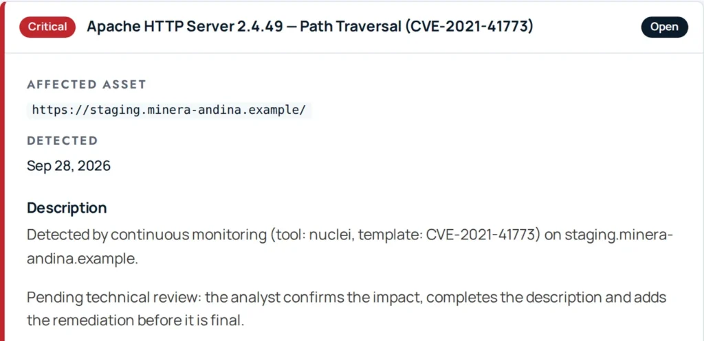 Critical finding in the client portal: detected by continuous monitoring on a staging asset and under technical review by an analyst before it is final
